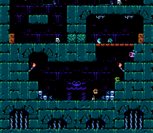 screenshot of the NES game micro mages, depicting a dungeon with four differently colored mages hopping on platforms.