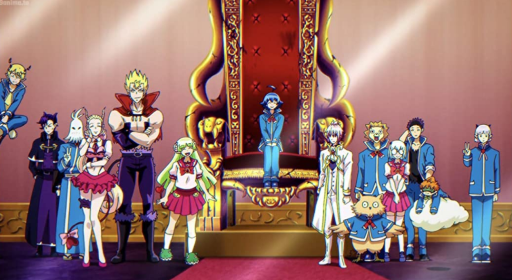 screenshot from welcome to demon school, iruma-kun. The misfit class poses for a picture in their new classroom, with Iruma-kun seated on a large throne.