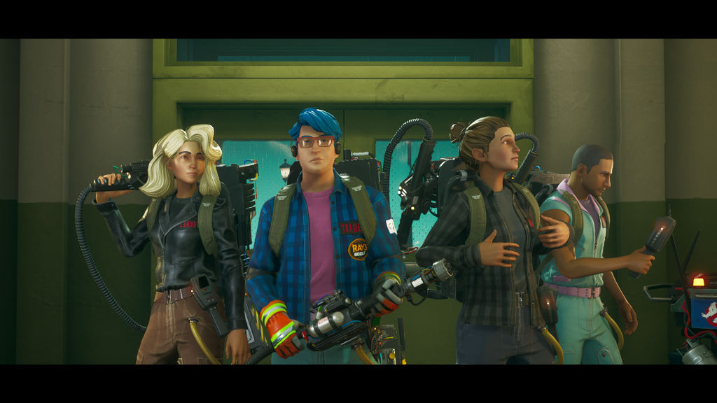 group shot of four custom ghostbusters facing the camera posing.