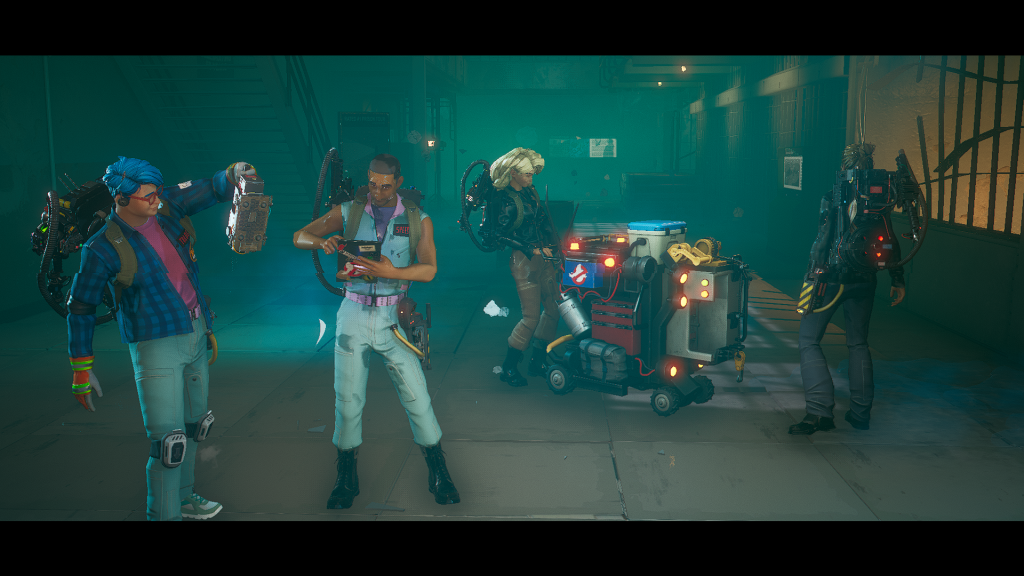 four custom ghostbusters, one holding a trap, one consulting a clipboard, one pushing a cart of various ghostbusting equipment and one standing around.