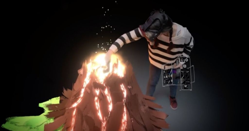 a mixed reality screenshot where a VR player is painting a volcano using Title Brush, a VR painting app.
