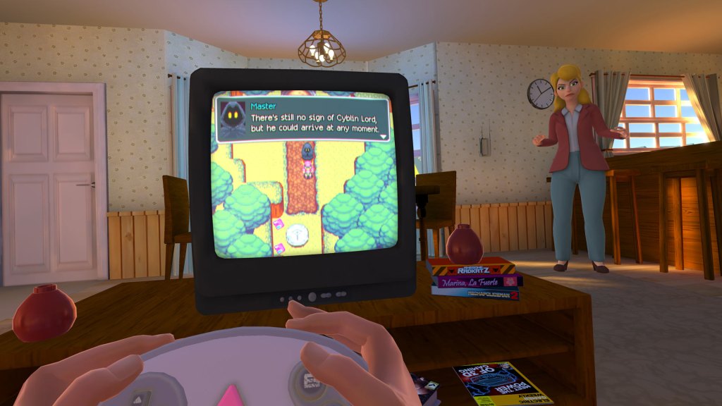 screenshot from pixel ripped 1995 video game. In it, a first person view of a player playing a super nintendo like game in the living room while the mother looks on impatiently. 