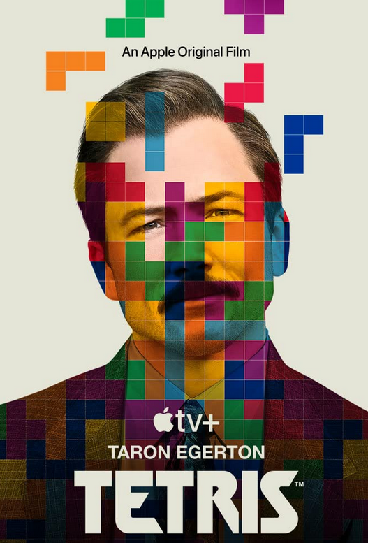 the movie poster for Tetris, showing Henk Rogers up close with Tetris pieces cascading in front of him