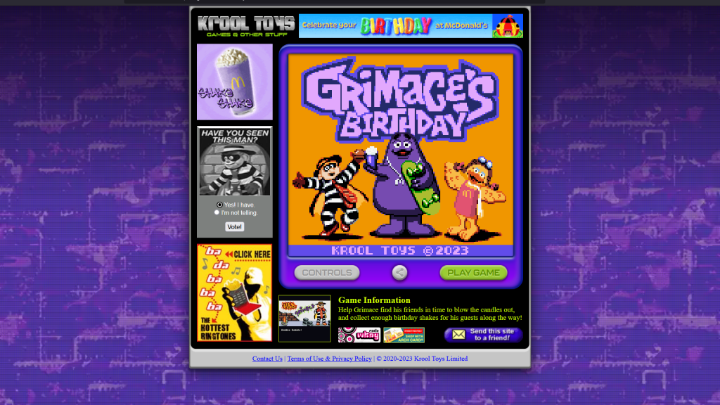 a picture of the website hosting the Grimace's Birthday game. It has a very 1990s look to it, with animated and static banner images, small buttons at the bottom, and graphics for sending an email.
