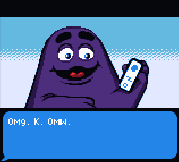 Screenshot of a cutscene from the Grimace's Birthday game. Grimace is talking or texting on a phone. There is a speech bubble that says "OMG. K. OMW."