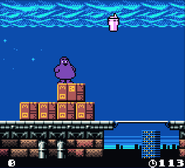 Screenshot from the Grimace's Birthday game. Grimace is standing on a rooftop at night, a collectable purple shake is hovering in the air near him.