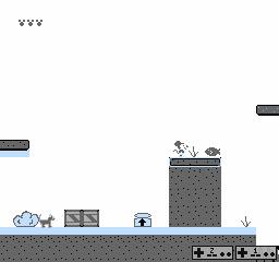 screenshot of an 8-bit mickey mouse standing on a raised cliff, a fish flopping in front of him and a cat running by below him near some crates