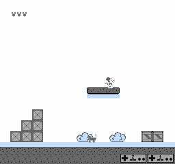 screenshot of 8-bit mickey mouse standing on a floating platform while a cat runs by underneath