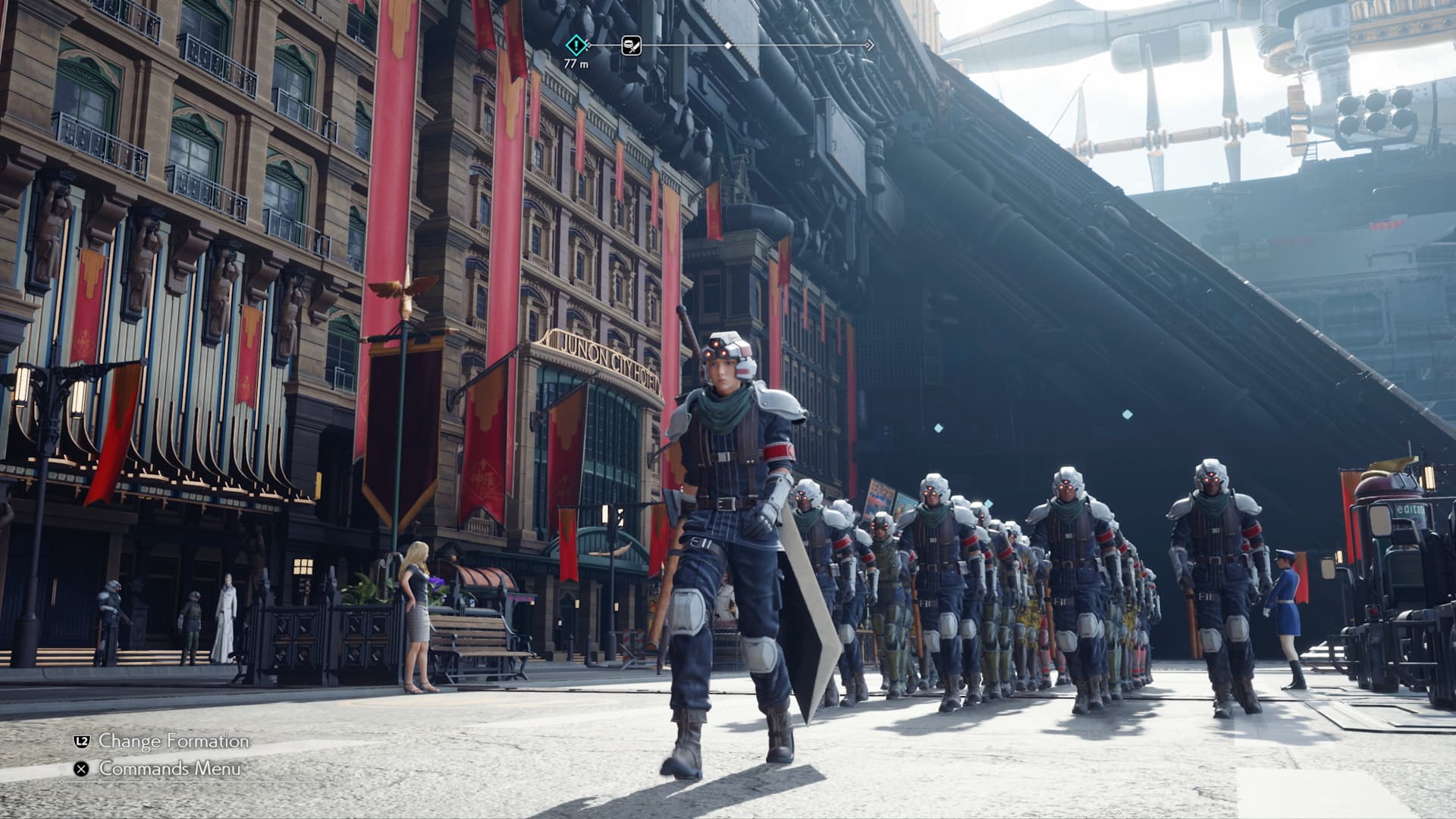 screenshot of cloud in a soldier costume walking down a parade route