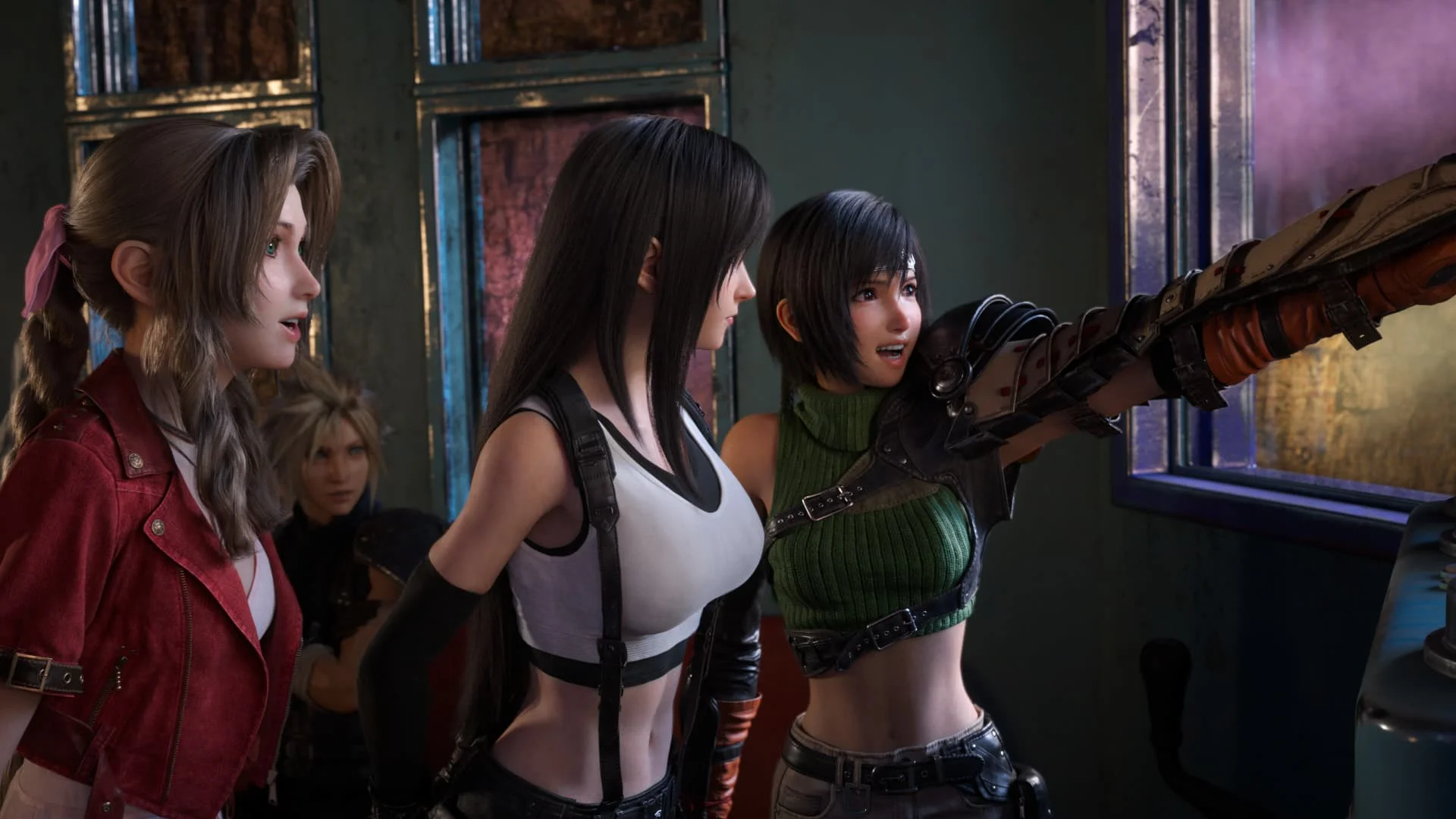 screenshot of Aerith, Tifa and Yuffie, with Cloud hanging back
