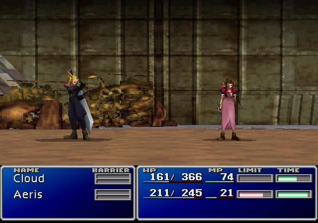 screenshot of the PS1 version of FF7 after Cloud and Aerith win a battle.