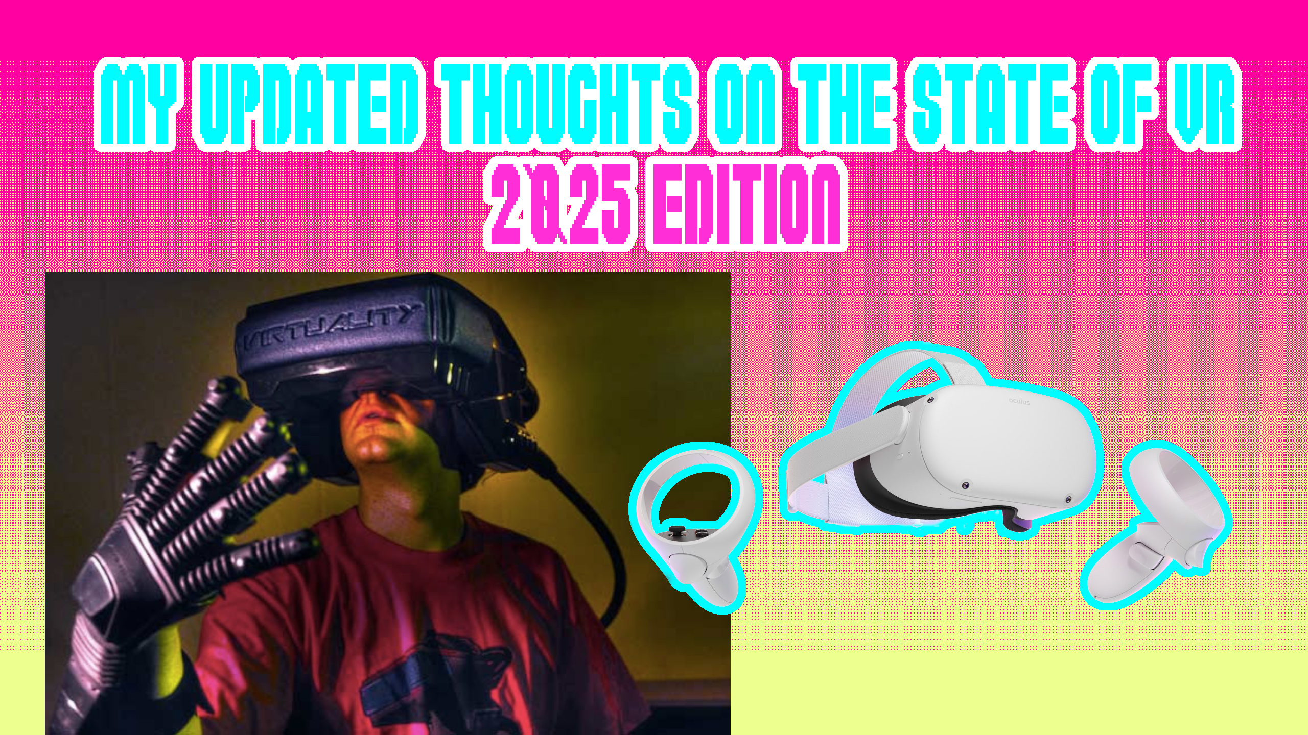 title scren with an old 1995 pr pic of a player in a virtuality vr setup, next to a quest 2