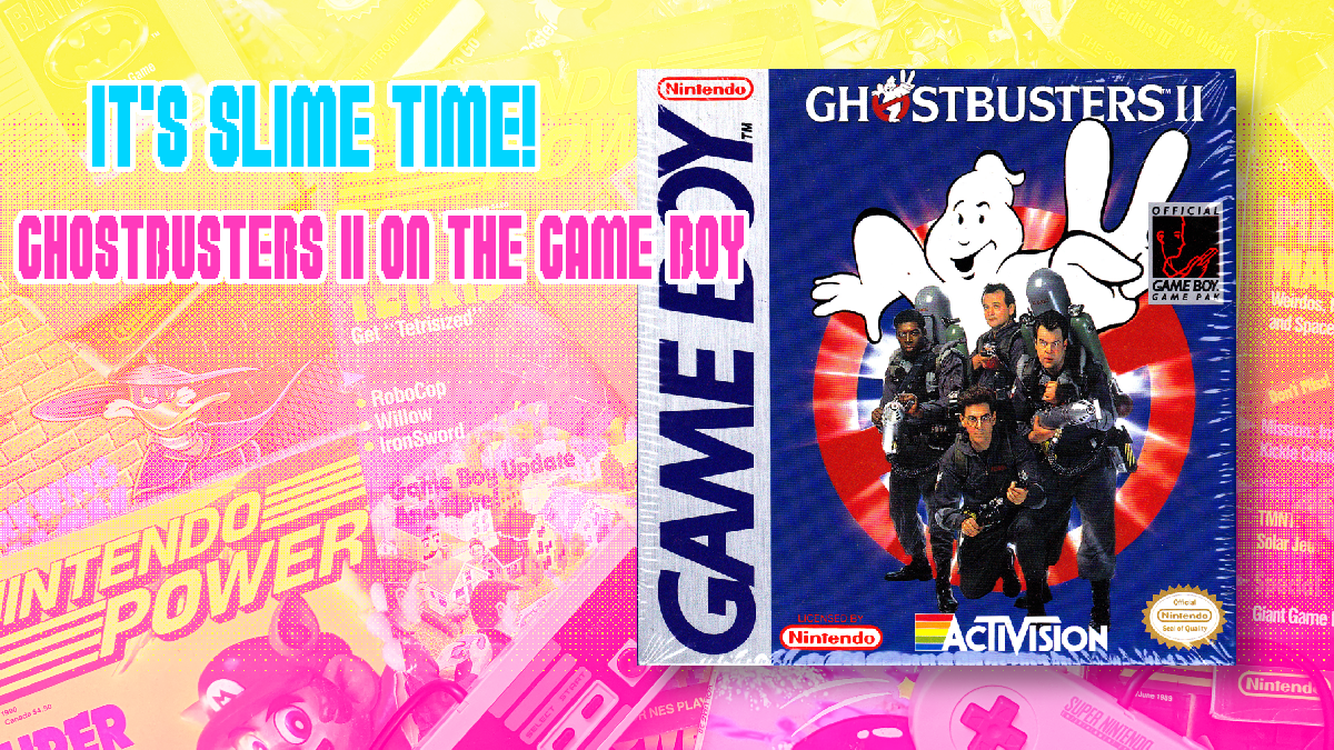title screen showing the box art of the ghostbusters 2 game boy game with the four busters posed in front of the GB2 logo.