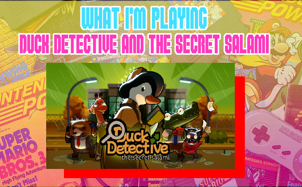 title screen for duck detective, featuring the duck, over a picture of stacks of nintendo powers